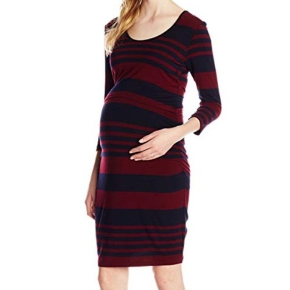 Ripe Maternity Stripe Lift Up Overlay Nursing Dress. Dark Navy/Red Size Small - Picture 1 of 12
